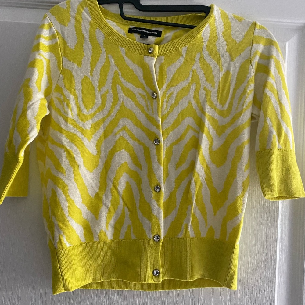 Express Design Studio Yellow and White Sweater Women’s Cardigan Sz S